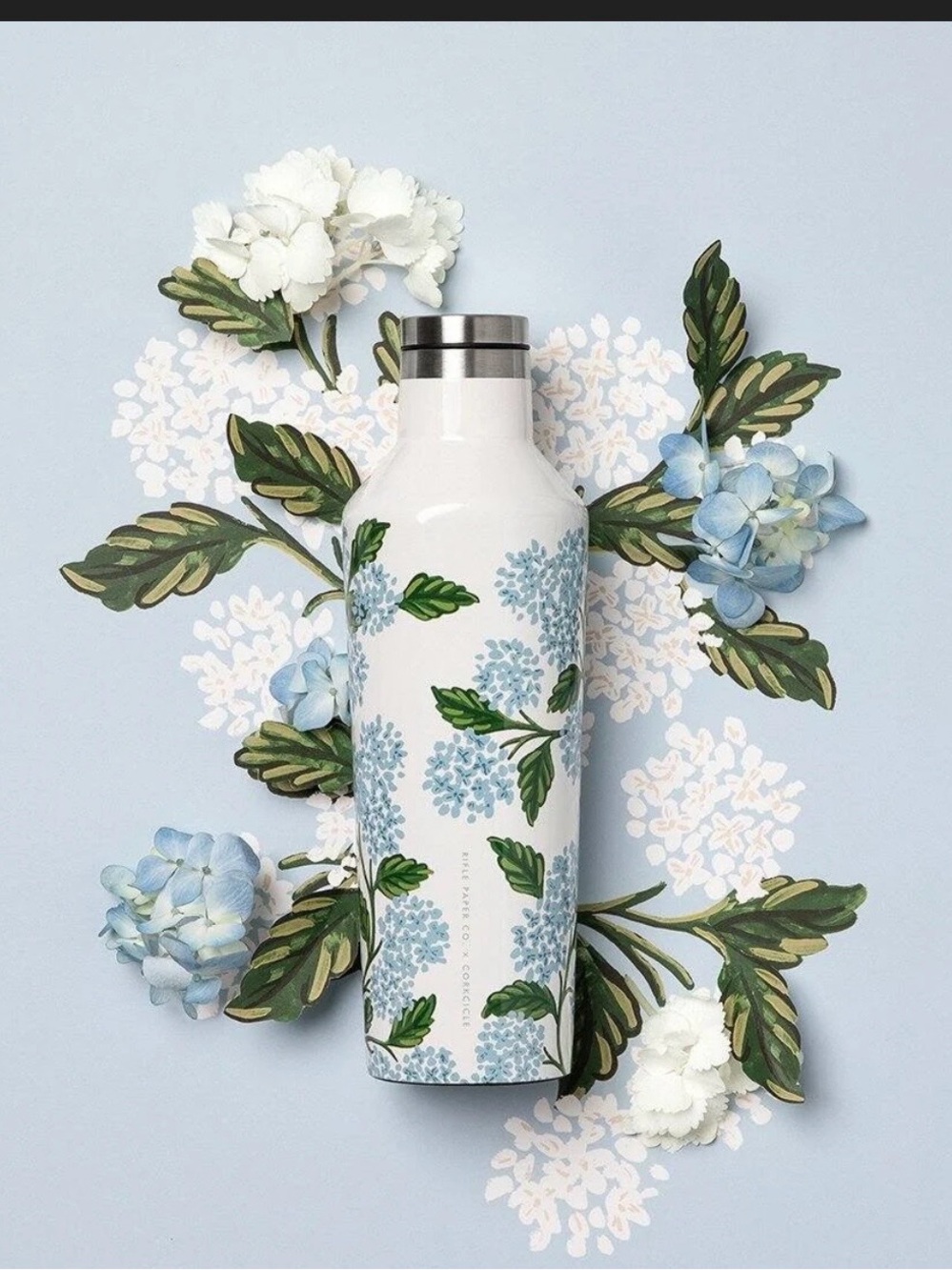 Rifle Paper Co.x Corkcicle collaboration White 16oz Bottle with Blue Hydrangea